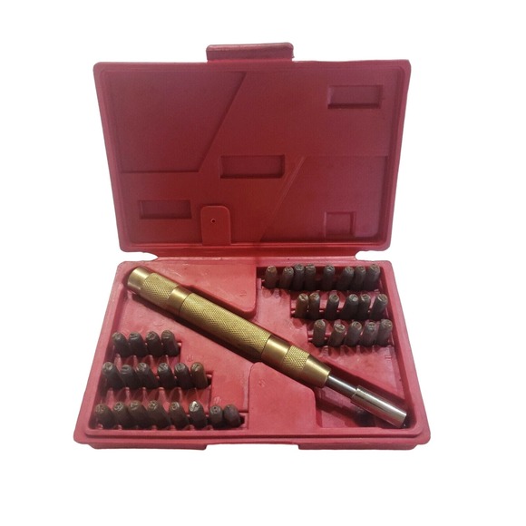 38pc AUTOMATIC LETTER / NUMBER STAMPER PUNCH SET Stamp Spring Loaded Brass Handl - Picture 1 of 4